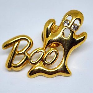 Vintage Scary Cute "Boo" Halloween Ghost Gold Pinback Pin Brooch